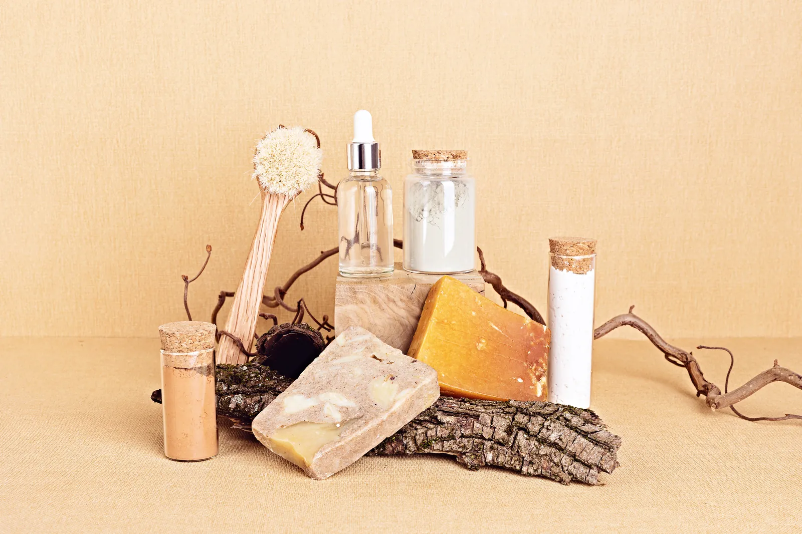 Natural skincare products including serum, soap and clay masks