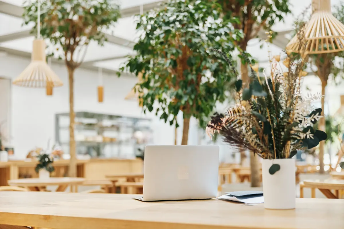 Laptop on a wooden table in a bright, plant-filled workspace