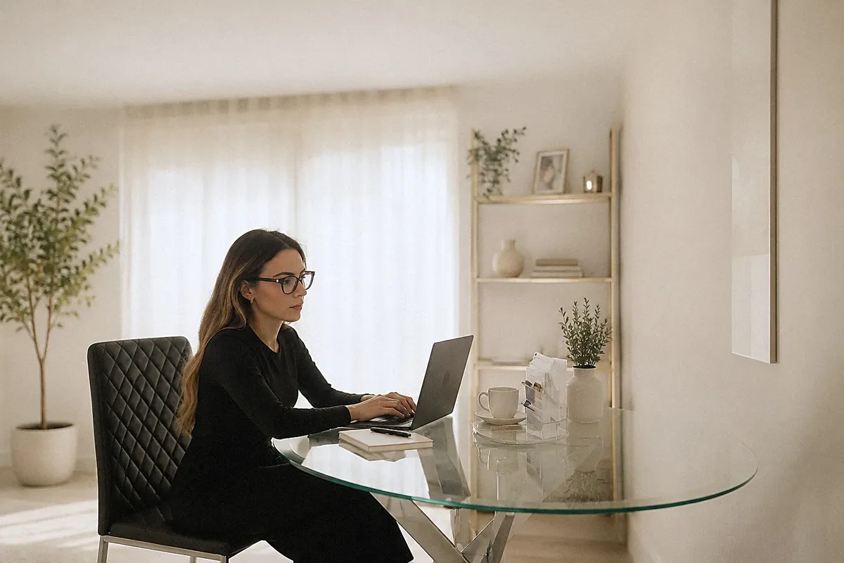 Michaela working on a website design at her desk